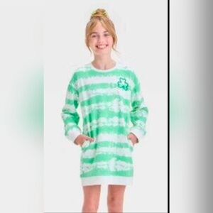 Girls Green and White Sweatshirt Dress With Pockets XS 4/5